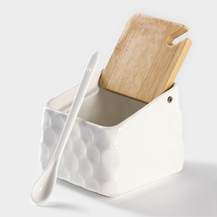 Банка для хранения сыпучих продуктов с ложкой BellaTenero, 750 мл, 14,5&times;11 см, с бамбуковой крышкой, фарфоровые, цвет белый