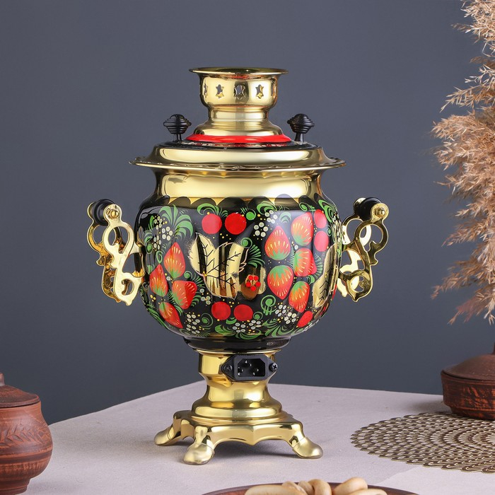 Набор &laquo;Хохлома&raquo;, овал, 3 предмета, самовар 3 л, заварочный чайник 0,7 л, поднос