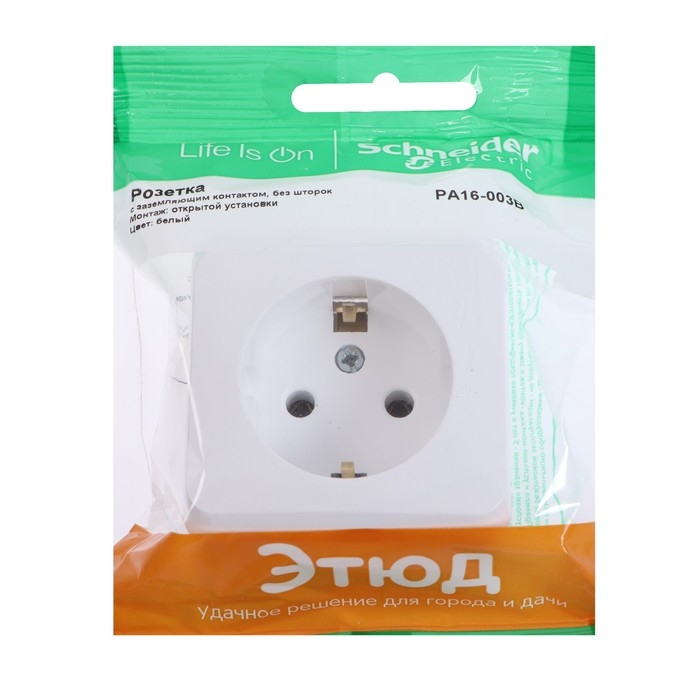 Розетка SE Розетка SE "Этюд", 16 А, 250 В, накладная, с з/к, IP20, белая, PA16-003B