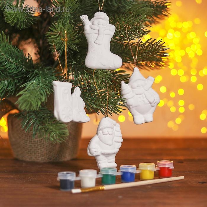 Набор ёлочных украшений под раскраску 4 шт. &laquo;Прелесть&raquo; с подвесом, краска 6 цв. по 2 мл, кисть