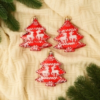 Набор украшений пластик 3 шт "Ёлочки с оленями" 7х9 см, красный Набор украшений пластик 3 шт "Ёлочки с оленями" 7х9 см, красный