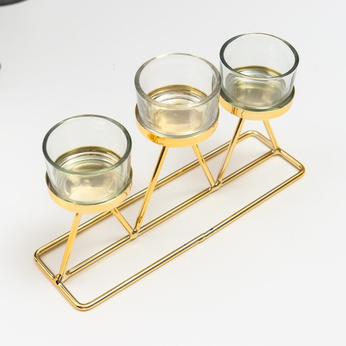 Подсвечник металл, стекло на 3 свечи "Треугольники" золото 20х6х10 см