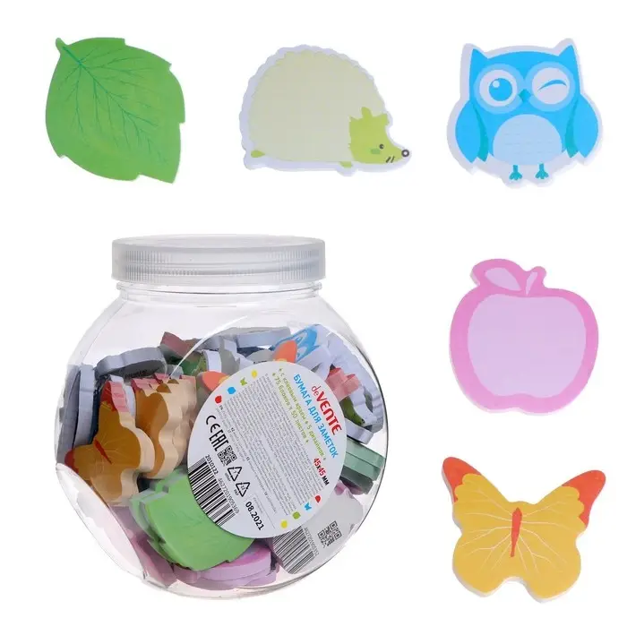 Блок с липким краем, фигурный 45&times;45 мм, 50 листов 80 г/м&sup2;, deVENTE &laquo;Лесные обитатели&raquo;, в банке, МИКС &times; 4 цвета, в банке, цена за 1 штуку!