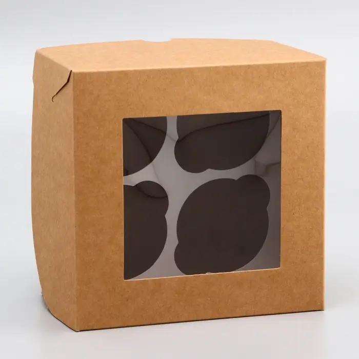 Коробка для 4 капкейка с окном, крафт, 16&times;16&times;10 см