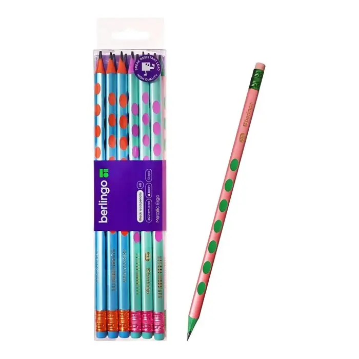 Карандаш чернографитный Berlingo Metallic Ergo, HB, трёхгранный, заточенный, ластик, пластик