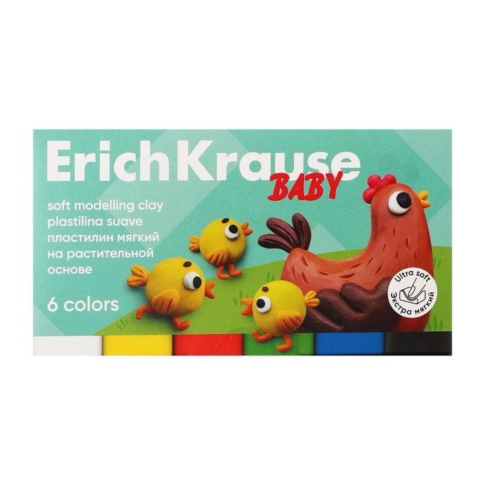 Пластилин мягкий 6 цветов, 120 г, ErichKrause Пластилин мягкий 6 цветов, 120 г, ErichKrause "Baby", со стеком, на растительно основе, с Алоэ Вера , европодвес