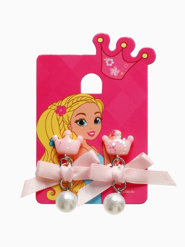 Серьги-клипсы детские "Выбражулька" корона с бантом и жемчужиной, цвет розово-белый