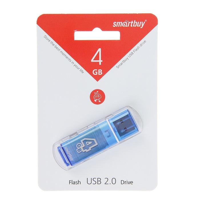 Флешка Smartbuy Glossy, 4 Гб, USB2.0, чт до 25 Мб/с, зап до 15 Мб/с, синяя