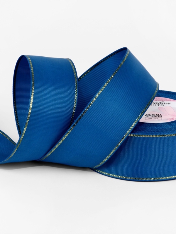 Лента репсовая 40мм*25&plusmn;1ярд(23м&plusmn;1м) золотые нити №040 синий АУ