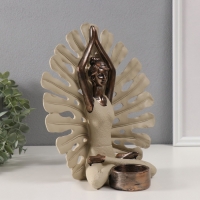 Сувенир полистоун подсвечник "Девушка в позе лотоса у монстеры" под бронзу d=4,3 см 12,3х22х25 см