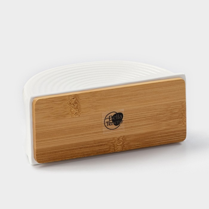 Салфетница фарфоровая на бамбуковой подставке BellaTenero, 14,5&times;6,5&times;8 см, цвет белый