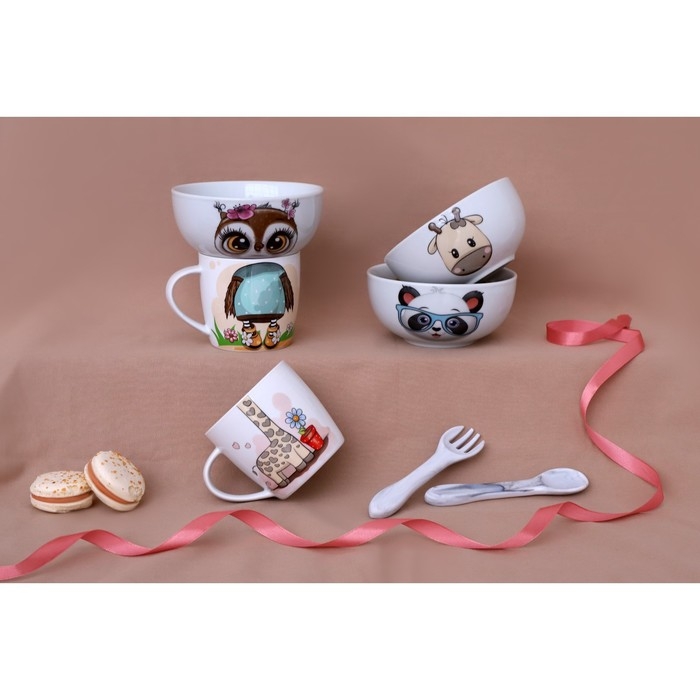 Набор детской посуды из керамики Доляна &laquo;Совенок&raquo;, 2 предмета: кружка 230 мл, миска 400 мл, цвет белый