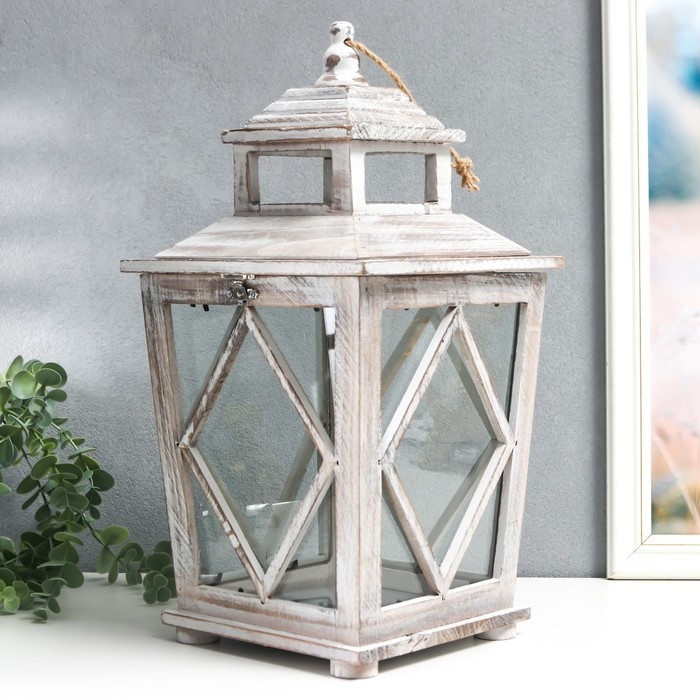 Подсвечник дерево на 1 свечу "Ромб на фонарике" коричневый состаренный 40х20х17 см