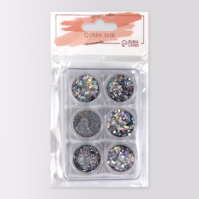 Набор для декора ногтей, в пластиковом органайзере, 6 баночек, цвет серебристый Набор для декора ногтей, в пластиковом органайзере, 6 баночек, цвет серебристый