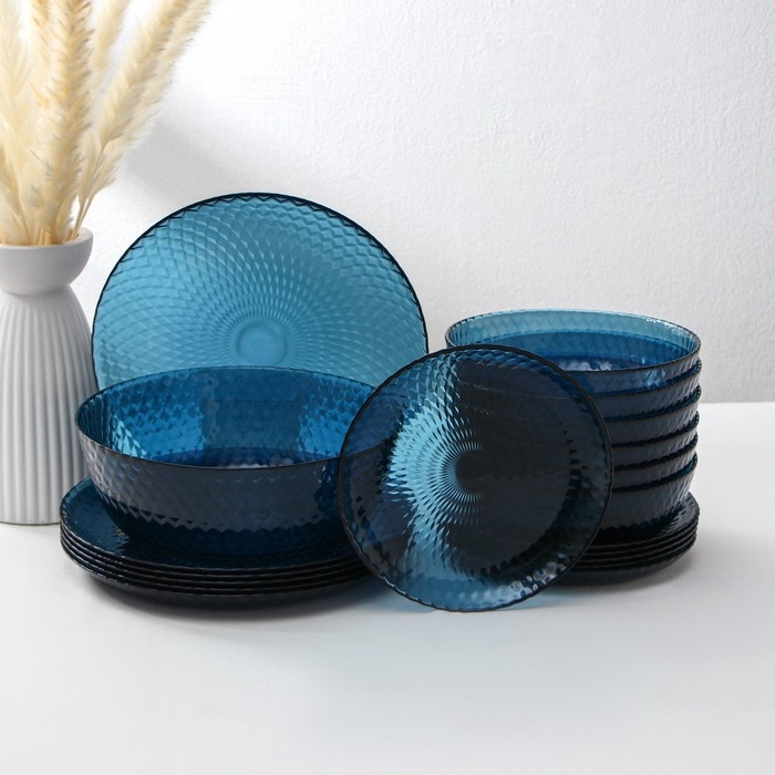 Набор столовый стеклянный &laquo;Идиллия&raquo;, 19 предметов: 6 тарелок d=25 см, 6 тарелок d=19 см, 6 тарелок d=18 см, салатник d=23 см, цвет лондон топаз