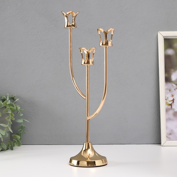 Подсвечник металл на 3 свечи "Цветник" d=2 см золото 16х9х36 см