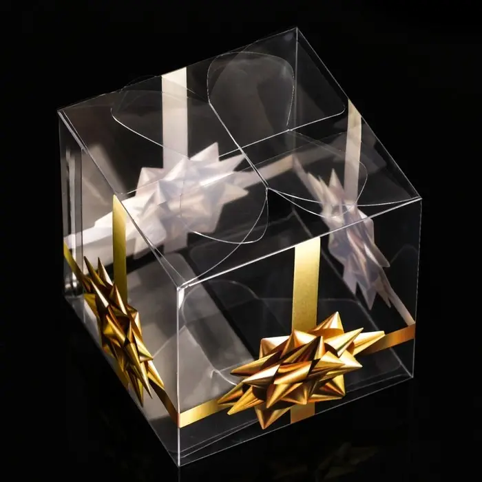 Складная прозрачная коробка из PVC, для упаковки подарков, &laquo;Золотой бантик&raquo;, 7&times;7&times;7 см