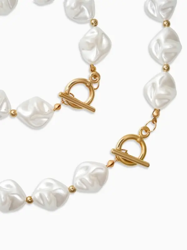 Набор 2 пред-та: бусы,браслет "Жемчуг барочный", ромб, 40/18см, цвет белый в золоте