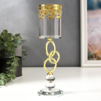 Подсвечник стекло на 1 свечу "Сплетение колец и восточный узор" золото, стразы 27х6,8х6,8 см   55153