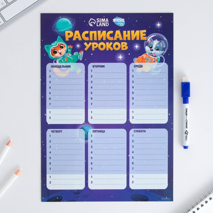Расписание уроков &laquo;Животные в космосе&raquo; А4, многоразовое магнитное с маркером