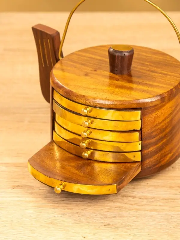 Подставка под горячее "Чайник" с золотыми вставками (набор 6 шт), 10х12х8 см,  дерево шишам