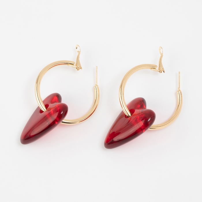 Серьги-кольца &laquo;Сердца&raquo; красный в золоте