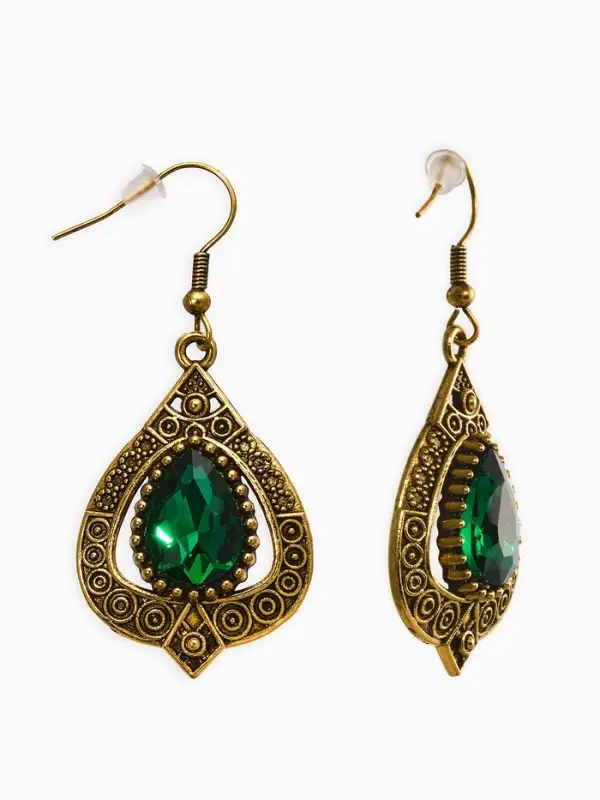 Серьги со стразми "Винтаж" капля, цвет изумрудный в чернёном золоте