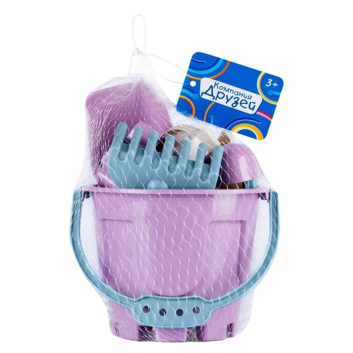 Песочный набор: ведро 1,2 л, лопатка,грабли,4 формочки, лейка 0,2 л, бледно-розовый