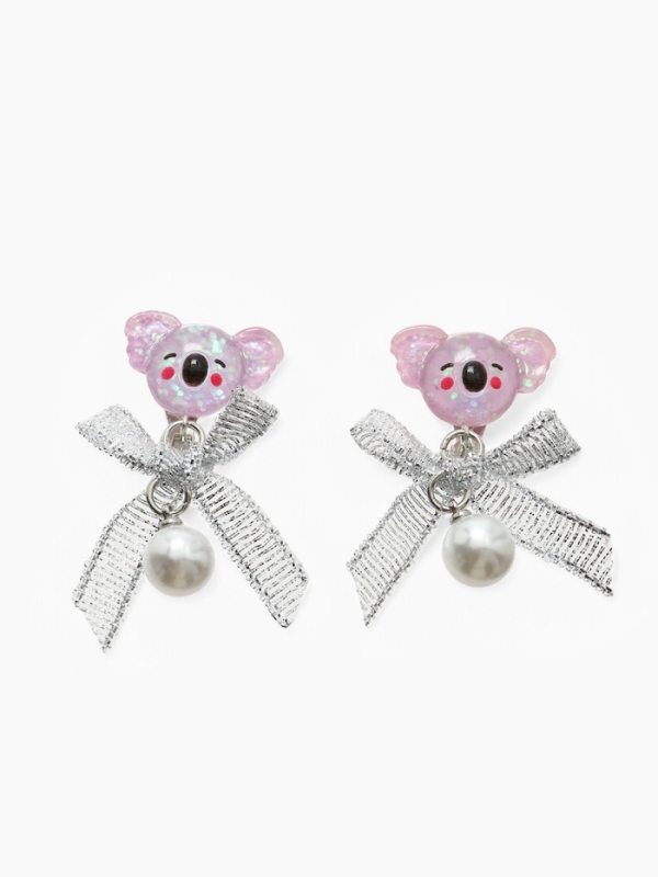 Серьги-клипсы детские "Выбражулька" коала с бантом и жемчужиной, цветные