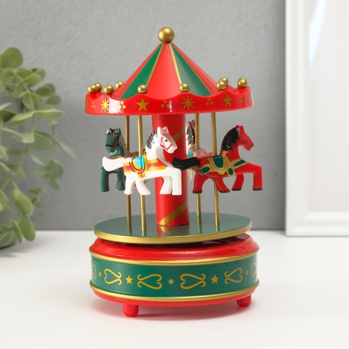 Сувенир пластик музыкальный механ. "Карусель - лошадки" зелёно-красный 10,5х10,5х17,5 см