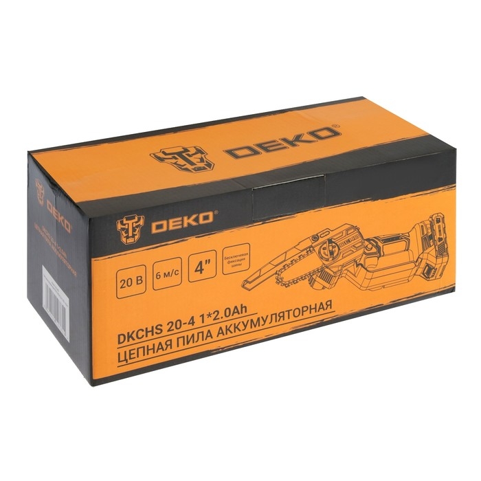 Пила цепная аккумуляторная DEKO DKCHS 20-4 063-4480, 20 В, 2 Ач, Li-ion АКБх1 шт, ЗУ Пила цепная аккумуляторная DEKO DKCHS 20-4 063-4480, 20 В, 2 Ач, Li-ion АКБх1 шт, ЗУ