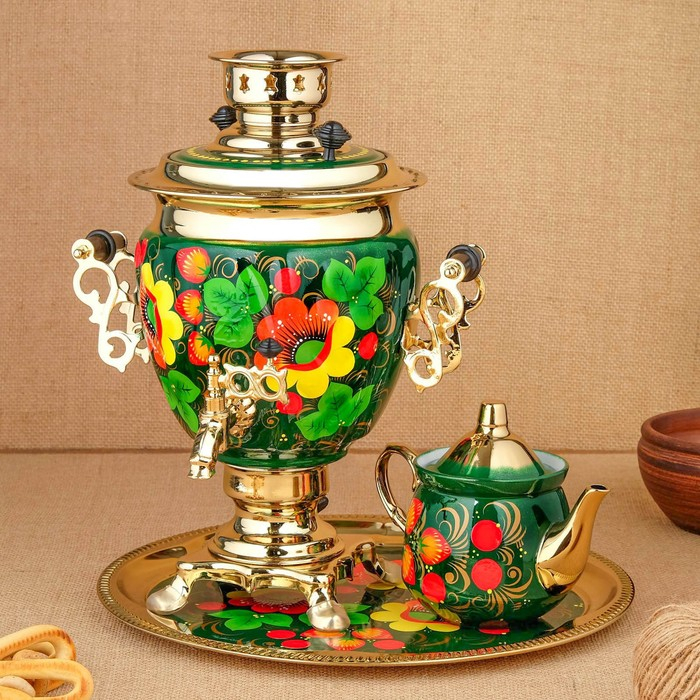 Набор &laquo;Маки на зелёном&raquo;, жёлудь, 3 предмета, самовар 3 л, заварочный чайник 0,7 л, поднос