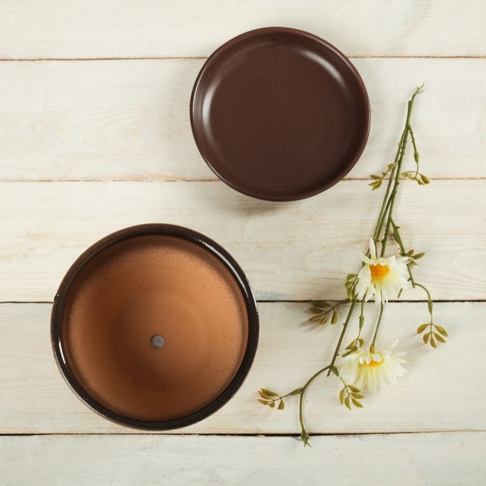 Горшок для цветов &laquo;Витраж&raquo;, 1 л, d=15 см, h=13 см, керамика, с поддоном, коричневый