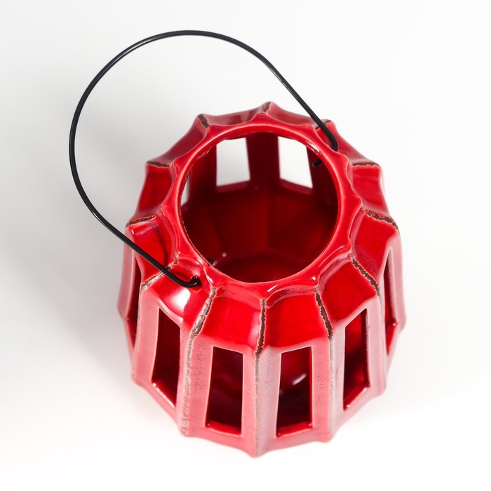 Подсвечник керамика на 1 свечу "Фонарь с вырезами" тёмно-красный 19х14х14 см