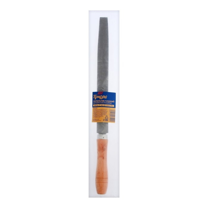 Напильник ТУНДРА, плоский, сталь У10, деревянная рукоятка, №2, 200 мм
