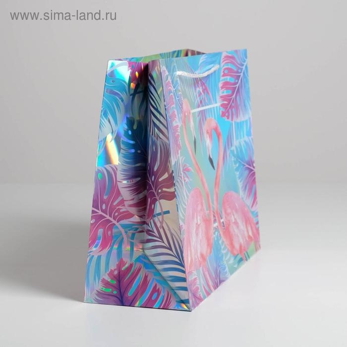 Пакет подарочный голографический, упаковка, &laquo;Фламинго&raquo;, 32 х 26 х 12 см