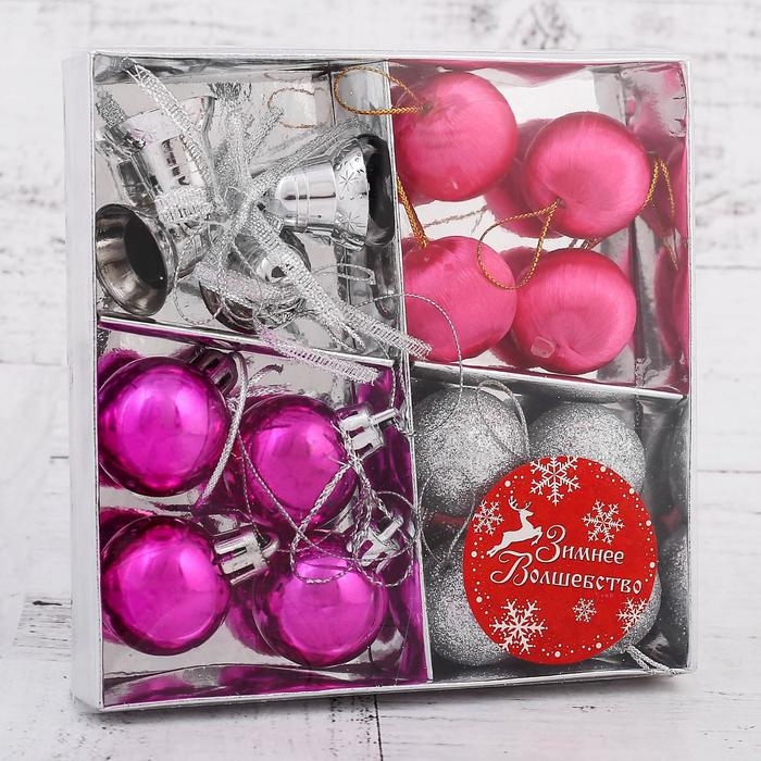 Набор украшений пластик 16 шт Набор украшений пластик 16 шт "Карнавал" (12 шаров, 4 колокольчика) серебро, малиновый