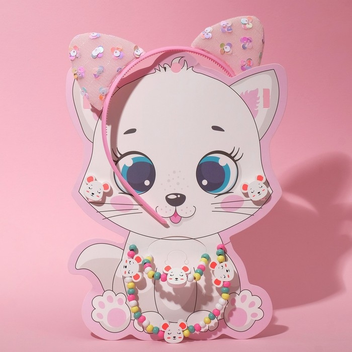 Набор детский &laquo;Выбражулька&raquo; 4 предмета: ободок, клипсы, бусы, браслет, кошечка, цвет МИКС