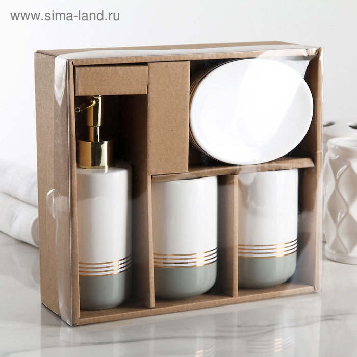 Набор аксессуаров для ванной комнаты &laquo;Лили&raquo;, 4 предмета (дозатор 300 мл, мыльница, 2 стакана), цвет бело-серый
