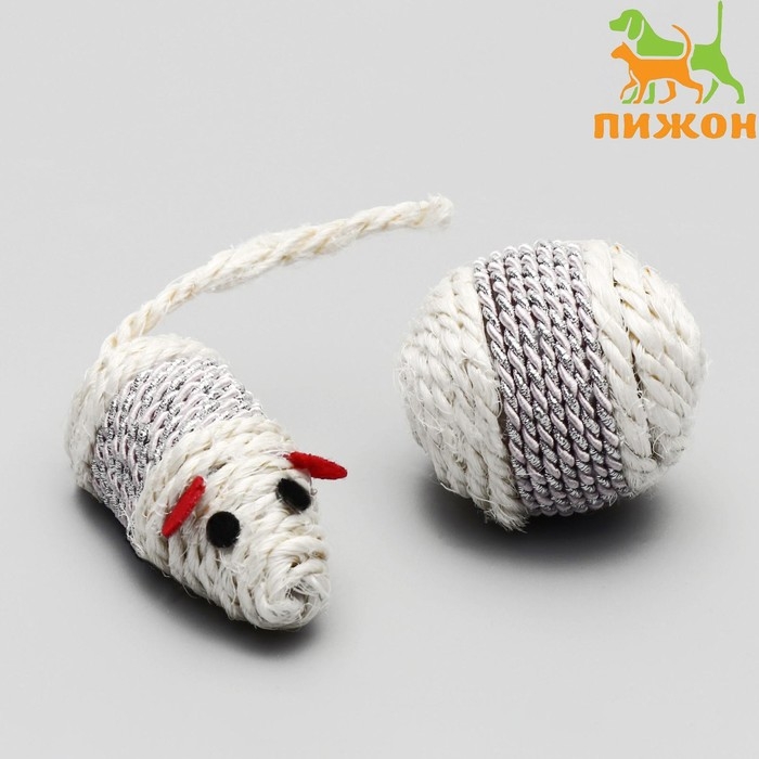 Набор витых игрушек для кошек: мышь 7 см и шарик 4 см, сизаль, микс цветов Набор витых игрушек для кошек: мышь 7 см и шарик 4 см, сизаль, микс цветов