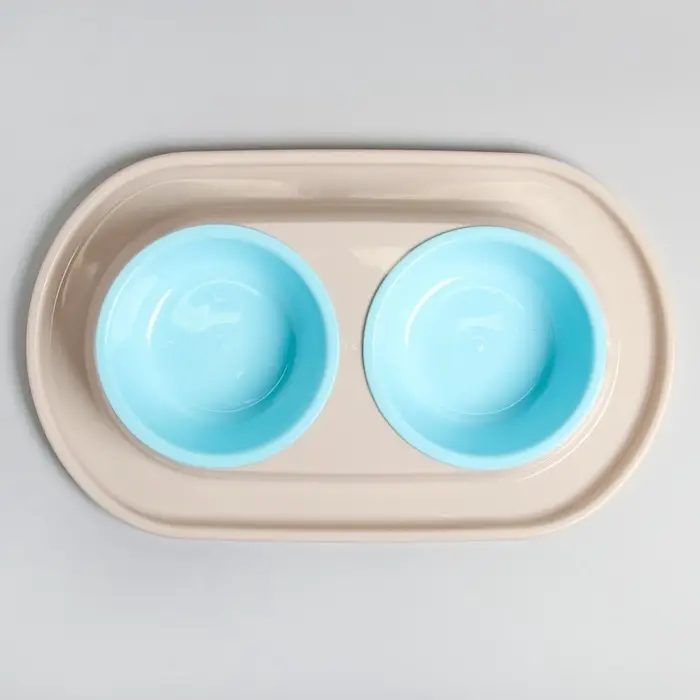 Миска для животных "Мур-мяу" 0,3л двойная на подставке, светло-бежевая