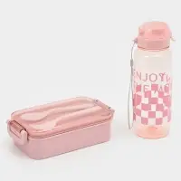 Ланч-бокс, 2 отделения, 2 яруса, с вилкой и ложкой, бутылкой 500мл,20х17х5,5 см,цвет розовый   10949