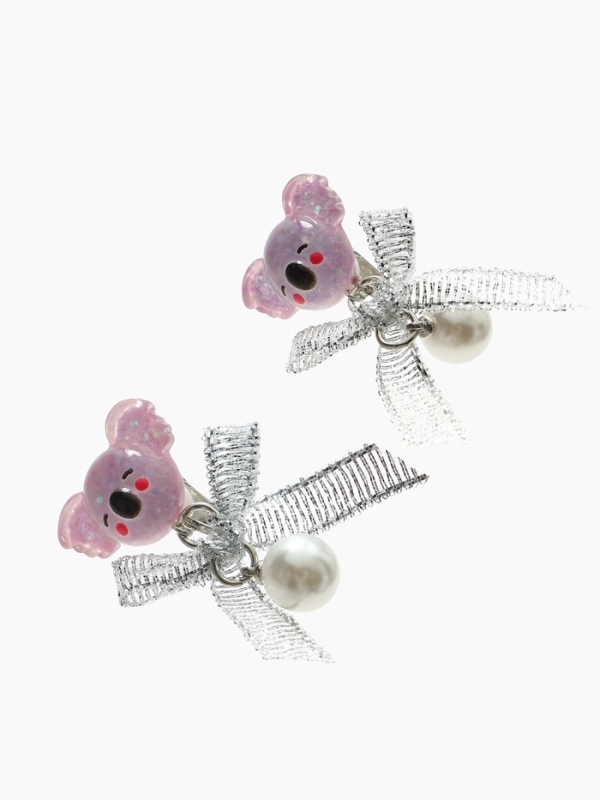 Серьги-клипсы детские "Выбражулька" коала с бантом и жемчужиной, цветные