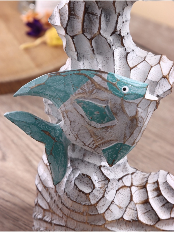 Скульптура "Экзотические рыбы" дерево Албезия, 15х8х40 см, цв. бирюзовый