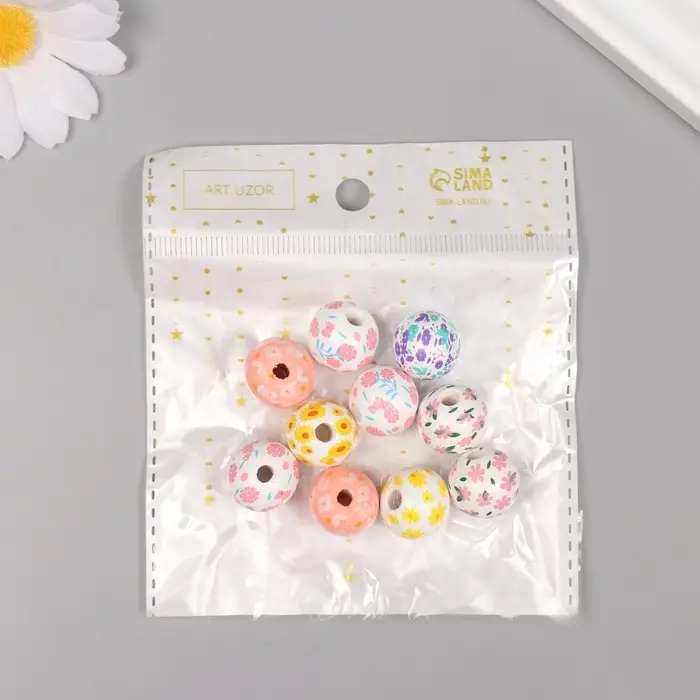 Бусины для творчества дерево "Ассорти цветочков" набор 10 шт 1,6х1,6х1,6 см