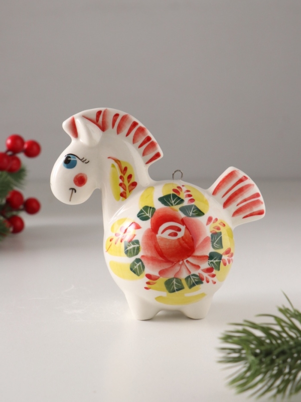 Ёлочный фарфоровый шар "Лошадь Цветок" /авторская роспись/,  11 см