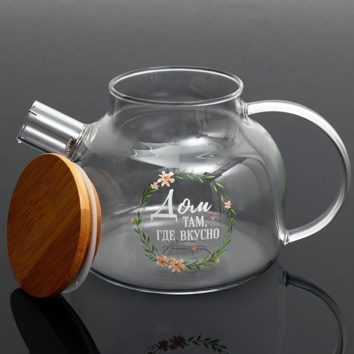 Чайник стеклянный заварочный с бамбуковой крышкой &laquo;Дом&raquo;, 1000 мл