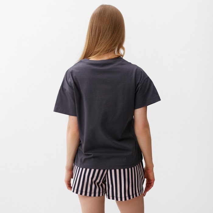 Комплект женский домашний (футболка,шорты), цвет графит розовая полоска, р-р 52