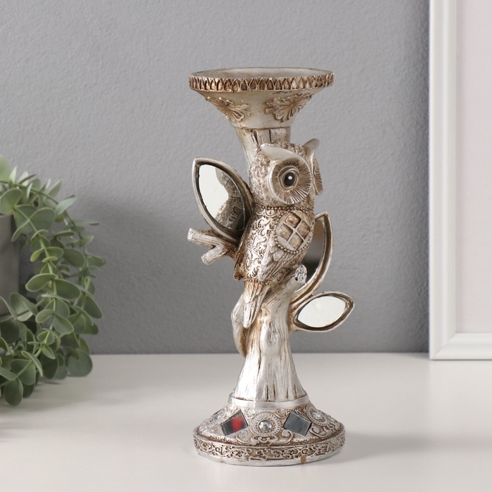 Подсвечник полистоун на 1 свечу Подсвечник полистоун на 1 свечу "Филин на дереве с зеркальными листьями" 11,5х9х24,2 см