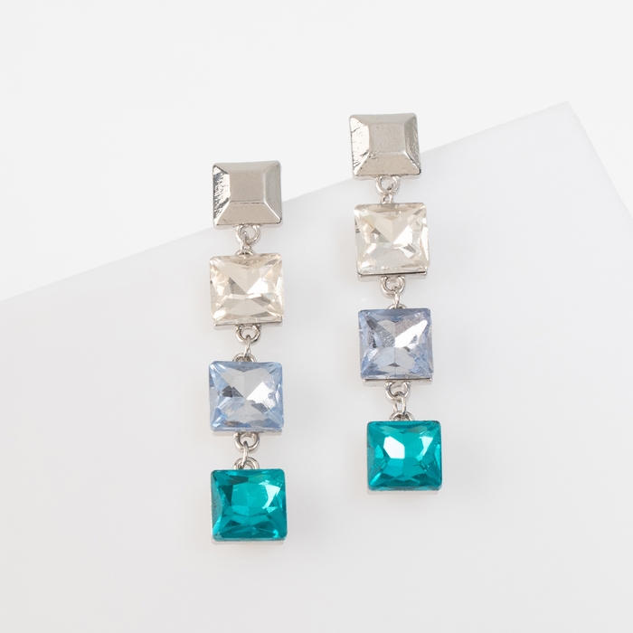 Серьги со стразами &laquo;Блум&raquo; квадраты светлые, цветные в серебре